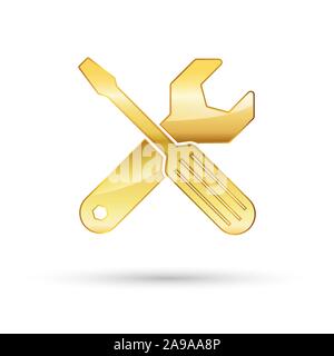 Golden wrench and screwdriver icon. Vector illustration. Settings tools icon on white background Stock Vector