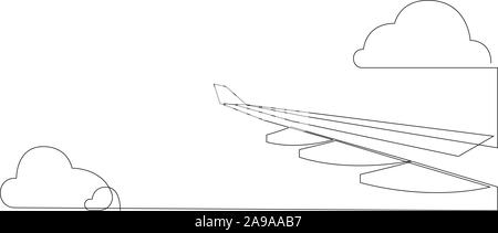 Wing of airplane and clouds. One line flying airplane illustration. Minimal style plane wing isolated on white background. Travel and tourism. Vector Stock Vector