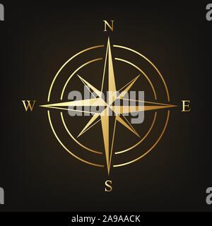 Gold compass icon. Vector illustration. Compass sign on dark background. Stock Vector