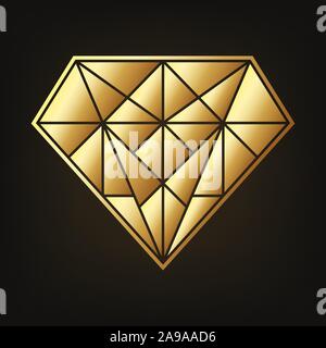 Gold diamond icon. Vector illustration. Golden diamond, isolated on dark background. Stock Vector