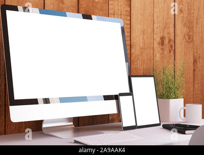 responsive devices on wooden studio 3d rendering Stock Photo