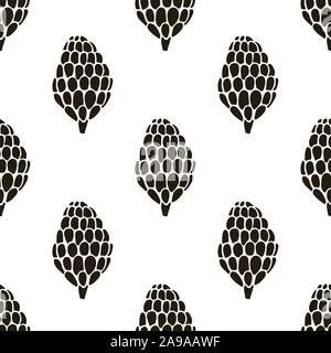 Seamless pattern with hand drawn doodle pine and fir conifer cones. Vector winter decoration with brown illustration on white background. New Year and Stock Vector