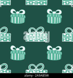 Seamless pattern with hand drawn doodle illustration of Christmas gift boxes. New Year and Christmas vector presents. Festive fabric. textile print te Stock Vector