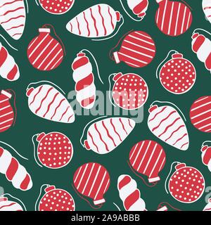 Seamless pattern with hand drawn doodle illustration of Christmas tree ornaments. New Year and Christmas tree vector decoration on dark green backgrou Stock Vector