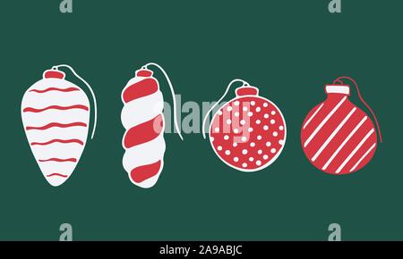 Vector hand drawn doodle illustration of Christmas tree ornaments set. New Year and Christmas tree decoration isolated on dark green background. Desig Stock Vector