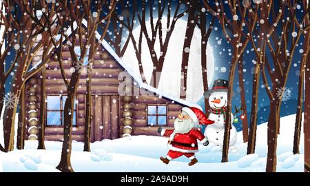 Scene with Santa and snowman in the snowy night illustration Stock Vector