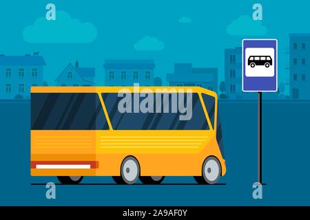 Yellow modern city bus on cityscape road near bus stop station sign. Public transport concept. Vector flat illustration for passenger transportation traffic service Stock Vector
