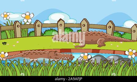 Scene with crocodiles in the park illustration Stock Vector