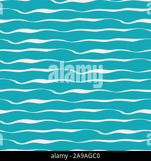 Abstract hand drawn dense brushstroke style sea waves or lines. Seamless geometric vector pattern on ocean blue background. Great for marine themed Stock Vector