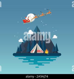 Camping tent with landscape at night. Vector illustration Stock Vector