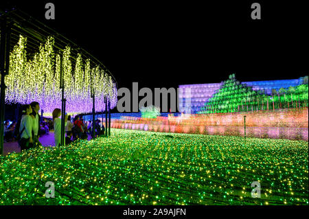 Nabana no Sato flower garden, winter illumination 2020. 'Sakura' theme with LED wisteria. Stock Photo