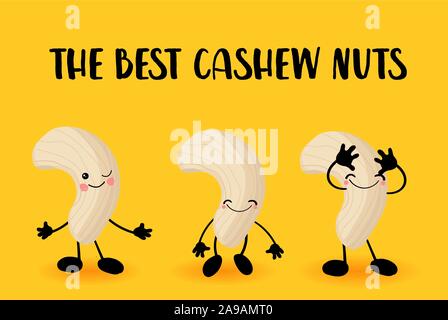 collection of nuts characters. Healthy foods. Vegetarianism and healthy food. Cashew.. Stock Vector