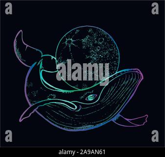 Neon drawing of a whale and a moon. Dotwork style. Stock Vector