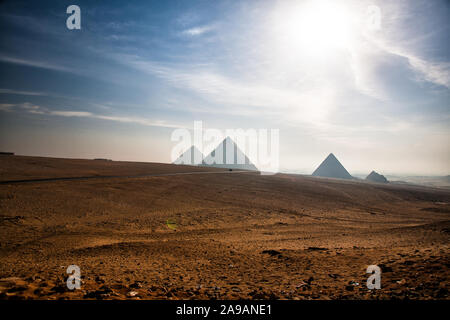 A panoramic view of the pyramids at Giza, Egypt. Stock Photo