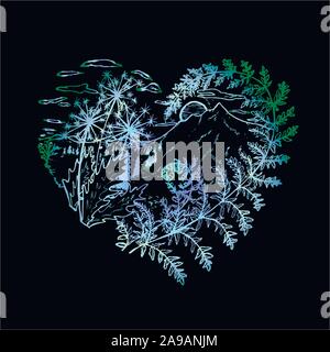 Neon drawing of the heart, in which dandelions, fern, sunset, mountains, clouds, trees. Stock Vector