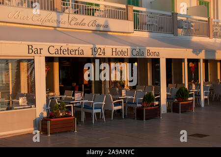 Cala Bona, Majorca ,Spain, October 16, 2019, The Bar and Cafeteria of the popular Hotel Cala Bona 1924 and situated in a prime position by the marina, Stock Photo