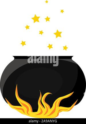 A magical item. A pot of boiling magic potion. The cauldron is on fire.. Stock Vector