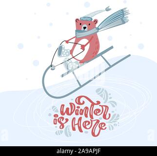 Vector Cute bear in hat and scarf on a sled. Vintage calligraphy handwritten text Winter is Here. Banner, greeting Card, scandinavian doodle Stock Vector