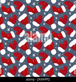 Christmas seamless pattern with mittens, hats and snowflakes. Perfect for wallpaper, gift paper, pattern fills, textile, Christmas and New Year Stock Vector