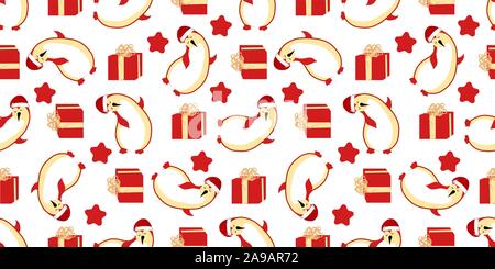 Christmas seamless pattern. Cute funny cartoon penguin. Arctic animals. New Year. Gift in a box.. Stock Vector
