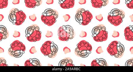 Seamless pattern with linear flowers. Petrikov painting style. Textile and wrapping paper design. Red, pink and white color.. Stock Vector