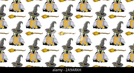 SCHOOL OF MAGIC. OWL In a mantle and a magic talking hat. Hogwarts. Harry Potter Seamless Pattern. Stock Vector