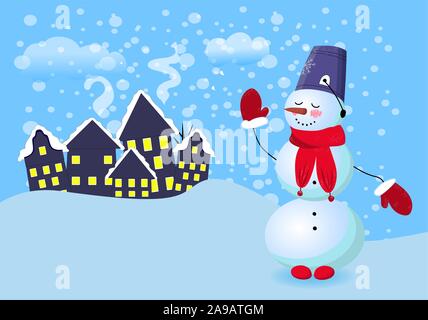 Merry Christmas. Cartoon snow man in red hat and and falling snow. Vector illustration.. Stock Vector