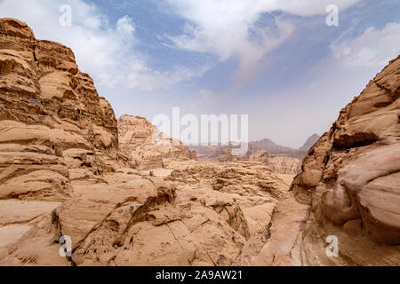 The view out from the base of the Burdah Rock Bridge of Wadi Rum, Jordan Stock Photo