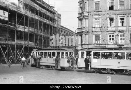 A tram on its way through devastated Munich, Germany 1940s. Stock Photo