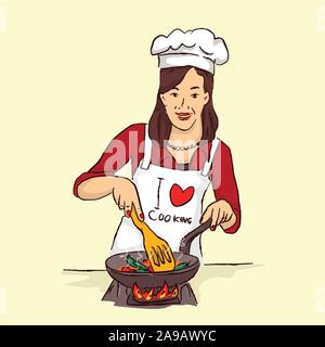 isolated modern housewife fying in the kitchen wear i love cooking apron Hand drawn style vector design illustrations Stock Vector