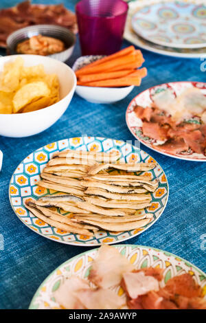 some different appetizers, such as pickled anchovies, potato chips, salmon and cod carpaccio or serrano ham, served on different colorful plates and b Stock Photo