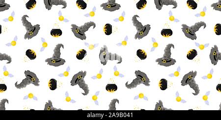 Seamless pattern magic and sorcery. Hat of predictions and a broom for flying. Hogwarts School.. Stock Vector