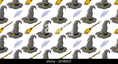 Seamless pattern magic and sorcery. Hat of predictions and a broom for flying. Hogwarts School.. Stock Vector