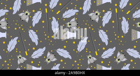 Seamless pattern magic and sorcery. Magic potion, Harry Potter owl and ink pen. Hogwarts School.. Stock Vector