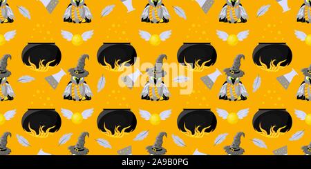 Seamless pattern magic and sorcery. Harry Potter fans. Owl, pot of witchcraft potion. Hogwarts School of Magic. Teenage Textiles.. Stock Vector