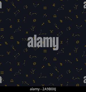 Zodiac constellations and zodiac signs seamless vector pattern. Stock Vector