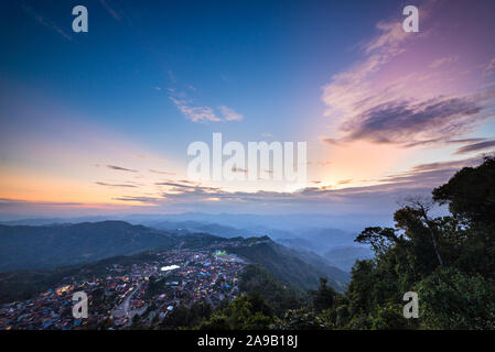 Aerial view of Phongsali, North Laos near China. Yunnan style town on scenic mountain ridge. Travel destination for tribal trekking in Akha villages. Stock Photo