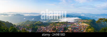 Aerial view of Phongsali, North Laos near China. Yunnan style town on scenic mountain ridge. Travel destination for tribal trekking in Akha villages. Stock Photo