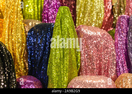 Sequins fabric with sequins colorful in the fabric stores. Stock Photo