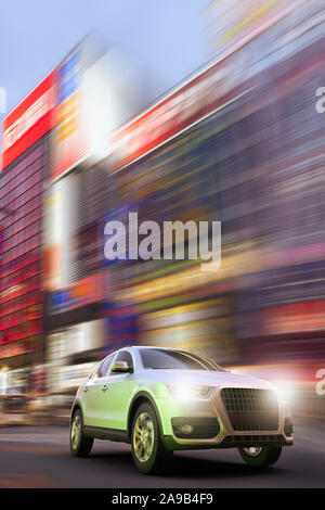 3D rendering of an SUV at motion in an illuminated city at nigh Stock Photo