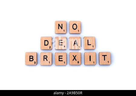 London, UK - February 6th 2019: NO DEAL BREXIT, spelt out with wooden letter tiles. Stock Photo