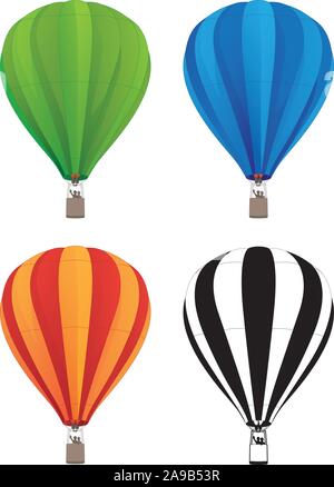 Hot Air Balloon Set in Green, Blue, Red Orange, and Black Line Art, Isolated Vector Illustration Stock Vector
