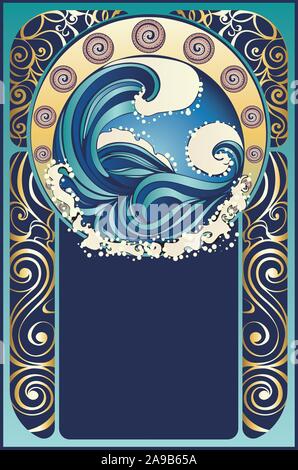 Big waves of stormy ocean, sea, art nouveau design illustration. Stock Vector