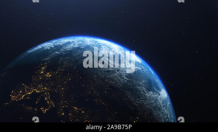 Earth planet viewed from space at night showing the lights of Europe ...