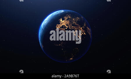 Earth planet viewed from space at night showing the lights of Europe and Africa, 3d render, elements of this image provided by NASA Stock Photo