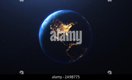 Earth planet viewed from space at night showing the lights of America USA , 3d render, elements of this image provided by NASA Stock Photo