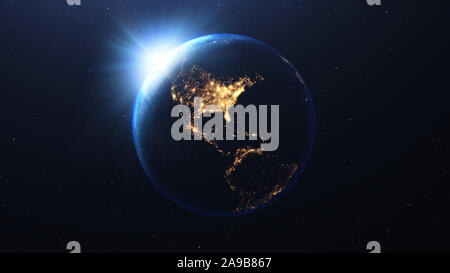 Earth planet with the sun viewed from space at night showing the lights of the United states of America USA , 3d render, element of this image by NASA Stock Photo
