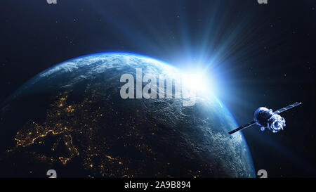 Earth planet sunrise with satellite viewed from space , 3d render of planet Earth, elements of this image provided by NASA Stock Photo