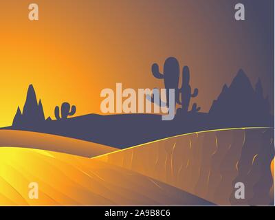 Sunset in the desert landscape with cacti and distant rocks silhouettes. Stock Vector
