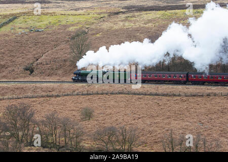 Recently refurbished Flying Scotsman LNER Class A3 4472  Steam Locomotive hauling a passenger train on the North York Moors Railway near Pickering, U.. Stock Photo